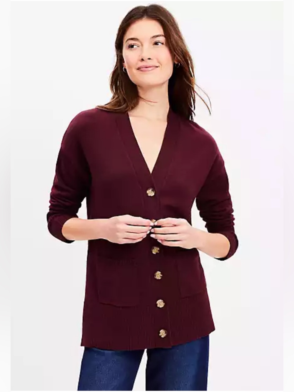 LOFT Wine Button-Front Pocket Cardigan